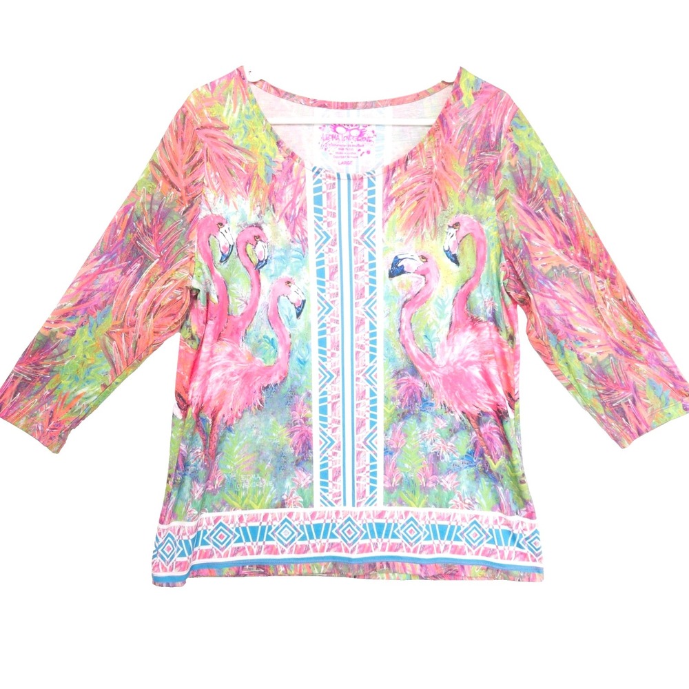 Leoma Lovegrove Flamingo Wearable Art Colorful Resortwear Tunic Top Womens L